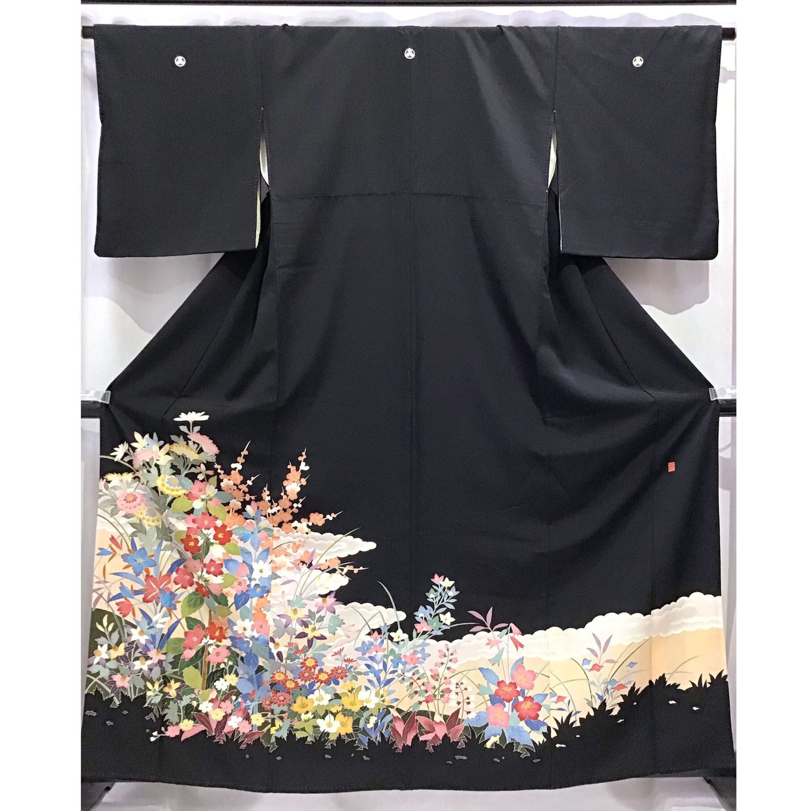 着物 黒留袖 加賀調 花 正絹 五つ紋 No.200701-1200 梱包サイズ60