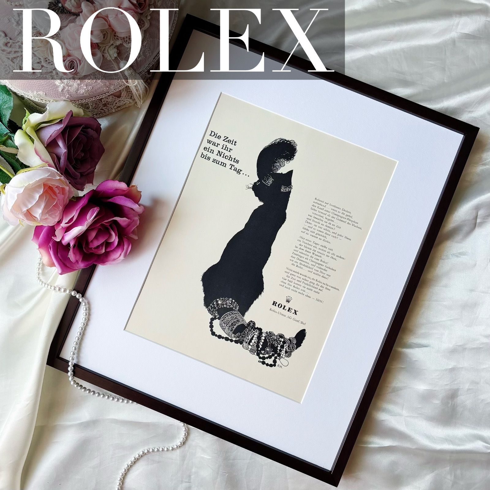 1959 広告 Rolex ロレックス ポスター ヴィンテージ アートポスター フレーム付き 額縁 インテリア モダン おしゃれ かわいい 壁掛け ポップ レトロ モノクロ モノトーン 猫 猫グッズ