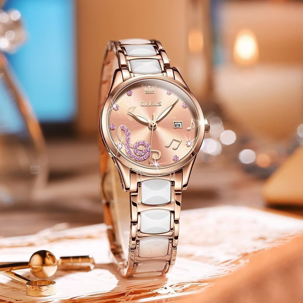 【特価商品】OLEVS 腕時計 レディース おしゃれ クォーツ 女性用 うで時計 日付 人気 夜光 防水 見やすい ピンク ブレスレット付き セラミック