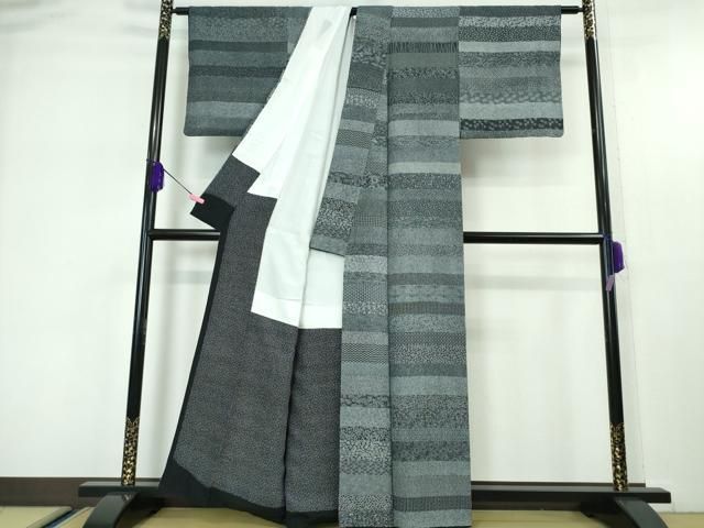 平和屋本店□極上 小紋師 基之作 江戸小紋 寄せ小紋柄 黒地 鬼しぼ縮緬