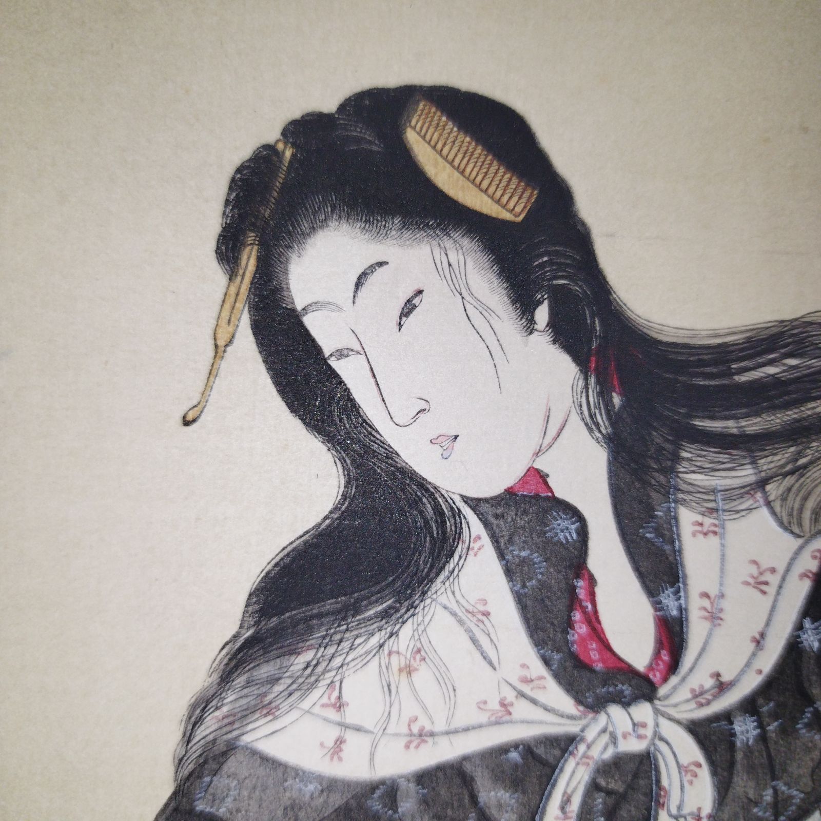 美人画 浮世絵 歌川國久 筆 洗ひ髪 版画 彩色木版画 約27×37