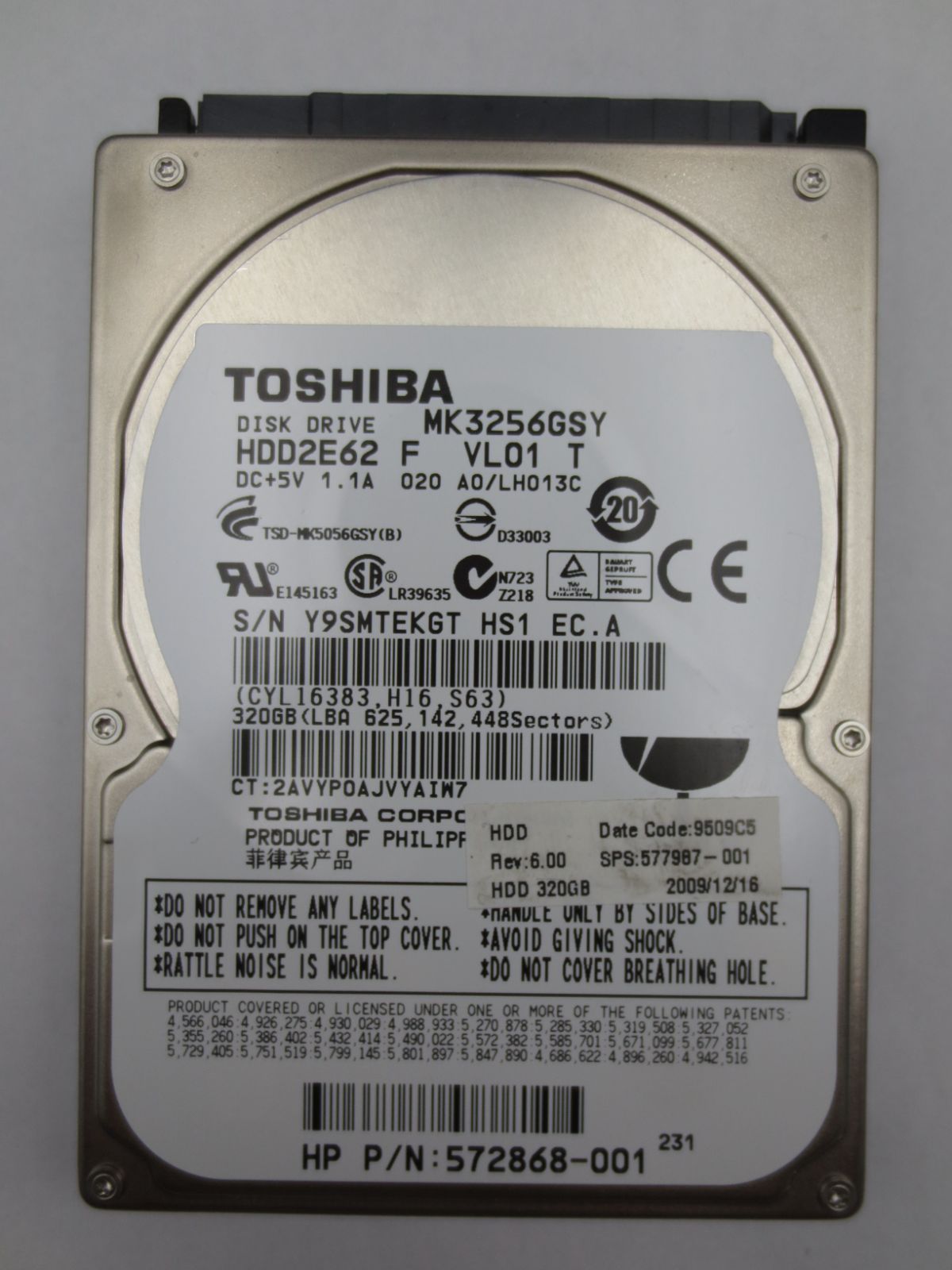 中古動作品】TOSHIBA 2.5インチ HDD SATA(Serial ATA) 320GB MK3256GSY