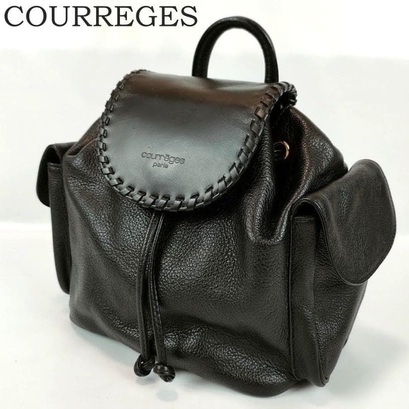 【レア】ヴィンテージ クレージュ 本革 リュックシボ革 フラップ サイドポケット COURREGES クレージュ 本革 リュック シボ革 フラップ サイドポケット