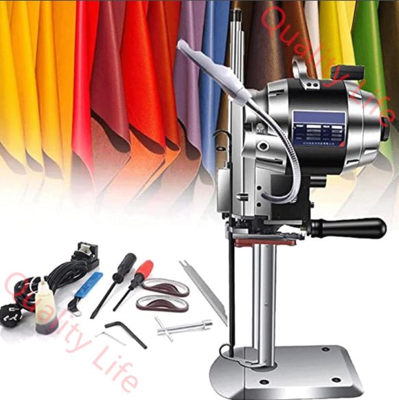 電動生地裁断機 垂直 電気布切断機 6 8 10 12 13 15インチ 大型 回転式 生地ストレートナイフカッター 電動ファブリック布カッターはさみ LED 作業灯と自動ナイフ研ぎ付き レザー切断機 繊維 皮革 紙の切断に最適 10インチ