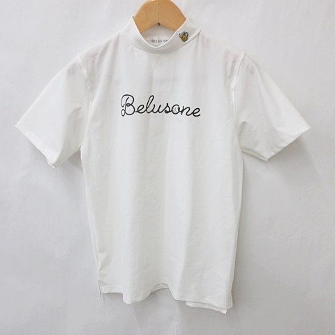 BELUS ONE ベルス ワン ゴルフ シャツ モックネック ハイネック 半袖 接触冷感 プリント ワンポイント 刺繍 ホワイト 白 L 