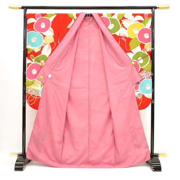 芸艸堂 UNSODO 振袖 モダン椿柄 中古 美品 日本製 ポリエステル 中古】 振袖 袷 着物 芸艸堂 UNSODO 金彩加工 椿 古典柄 朱赤