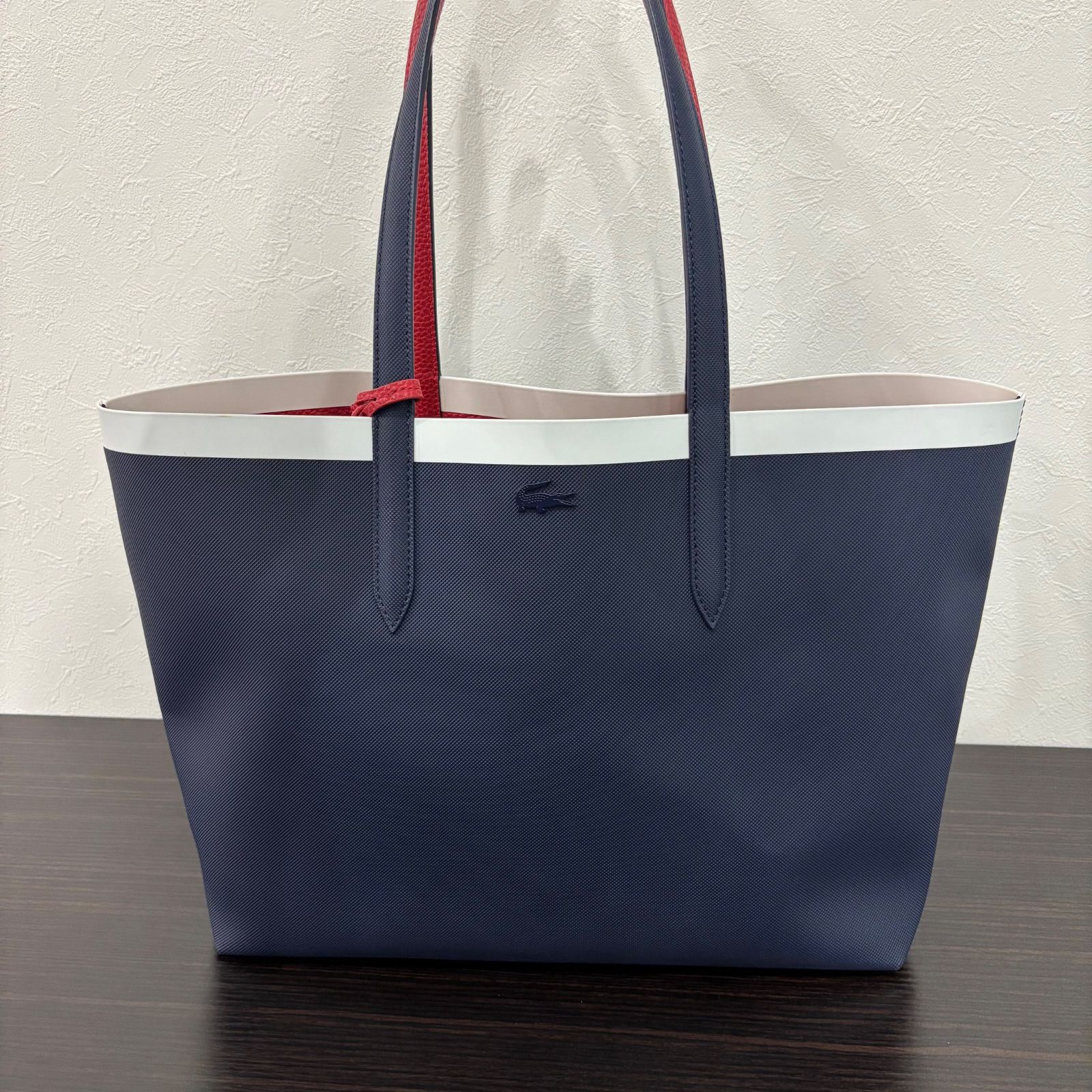 ◎ ♥保管品 LACOSTE ラコステ トートバック リバーシブル ネイビー レッド レディース ビジネス B5収納 レザー