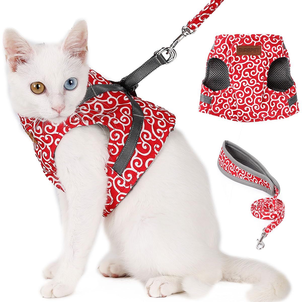 猫ハーネス 犬ハーネス 猫 ベスト 胸あて式 牽引ロープ ハーネス リード セット 唐草柄 散歩 簡単脱着式 引っ張り防止 レッド S TONAPEETO