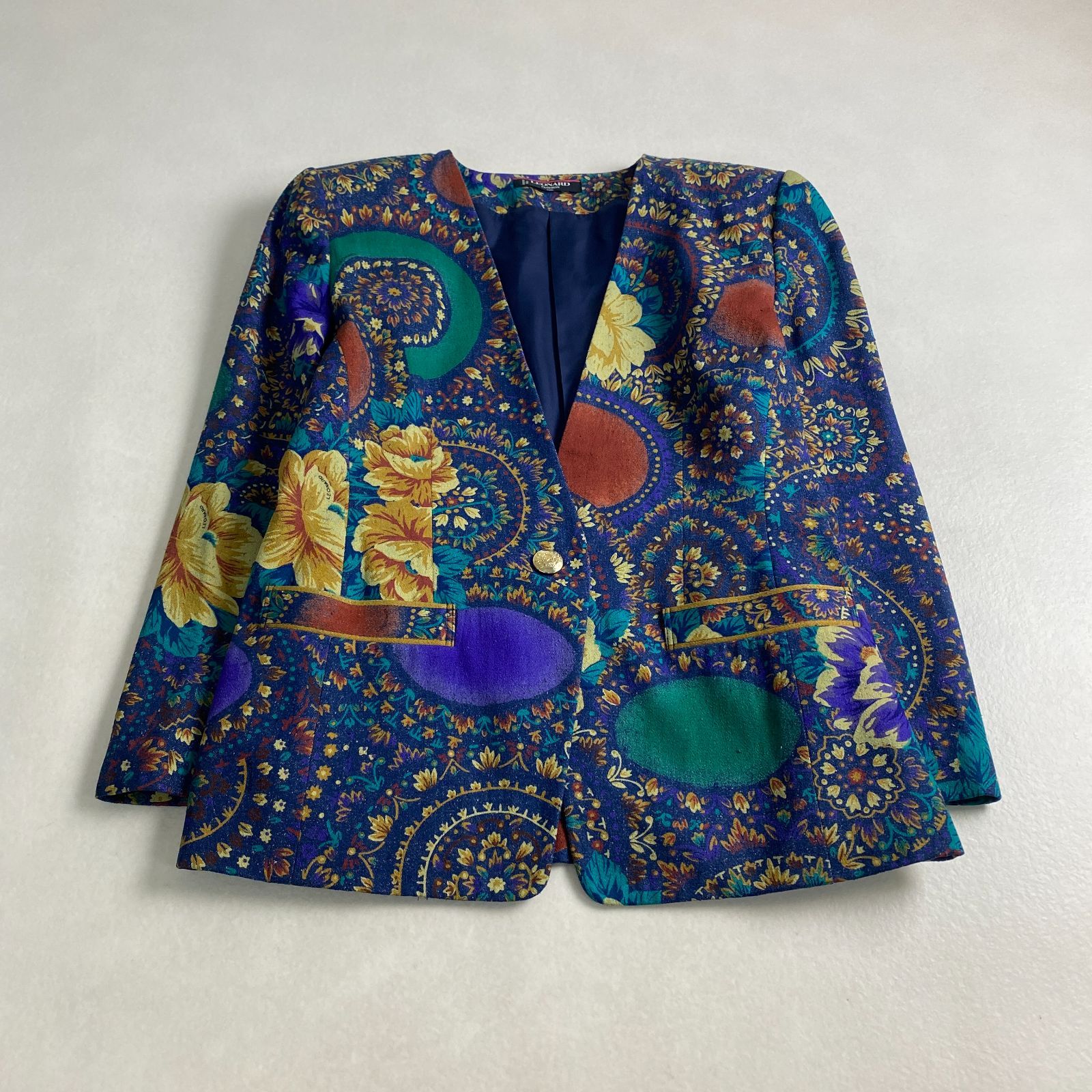 レオナール ノーカラージャケット デニム 花柄 金ボタン L LEONARD シルク 11号