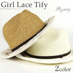 ガーリー麦わら帽子風 中折れハットDIGNITY Girl Lace Tify[全２色/ペーパー、レース（コットン他）]