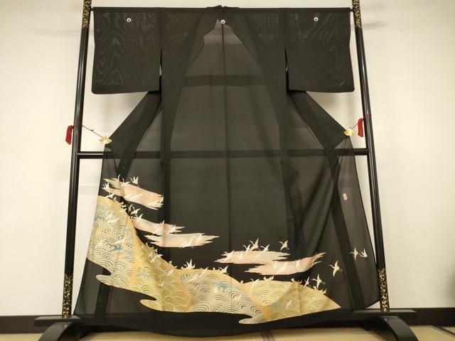 平和屋着物＊夏物 黒留袖 絽 作家物 立波飛鶴文 金彩 正絹 AABB6767jd