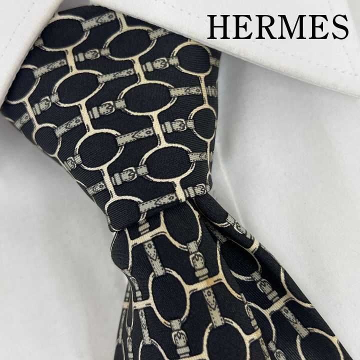 未使用級！HERMES H柄　チェーン　 シルク ネクタイ　ダークネイビー HERMES エルメス ネクタイ TIE メンズ フランス製 シルク H柄