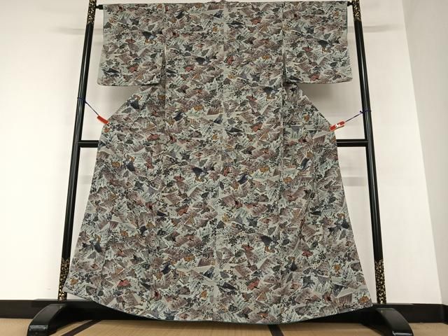 平和屋着物●上質な小紋　手描き　百人一首　金彩　鬼しぼ縮緬　正絹　逸品　未使用　AAAZ0132zg 平和屋着物○上質な小紋 手描き 百人一首 金彩 鬼しぼ縮緬 正絹 逸品