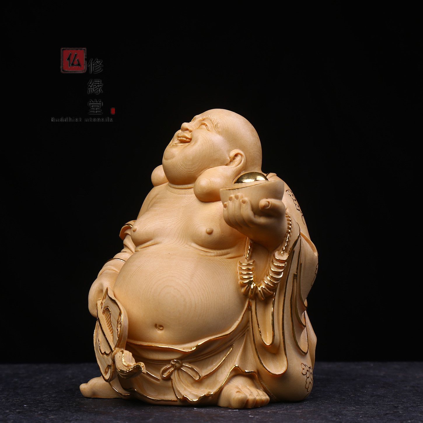修縁堂】極上品 木彫仏像 七福神弥勒仏 布袋様 彫刻 本金 切金 天然木 