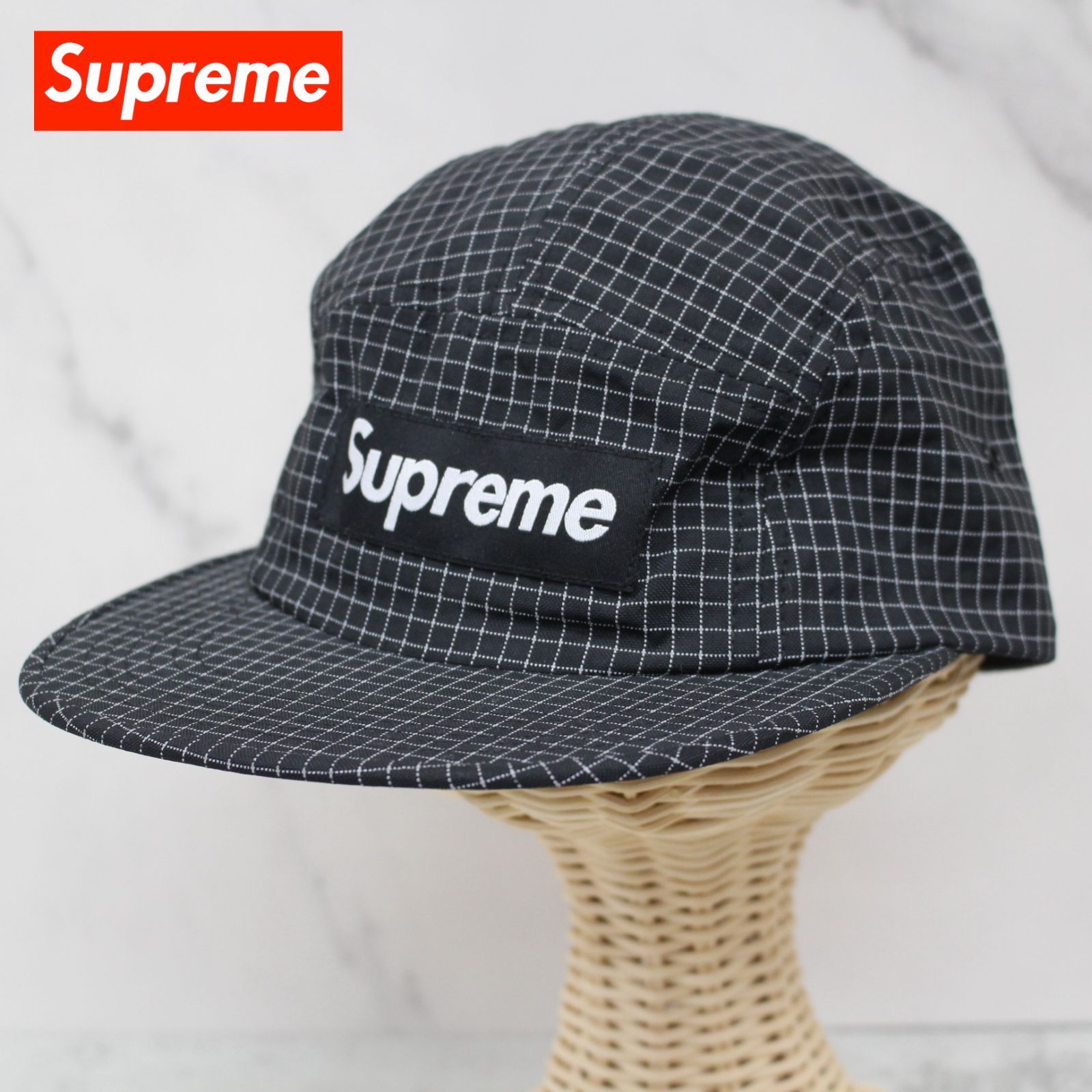 S058)【美品】Supreme 18AW Reflective Ripstop Camp Cap 3M Scotchlite リフレクト仕様  ナイロン ブラック 格子柄 キャップ 帽子 シュプリーム