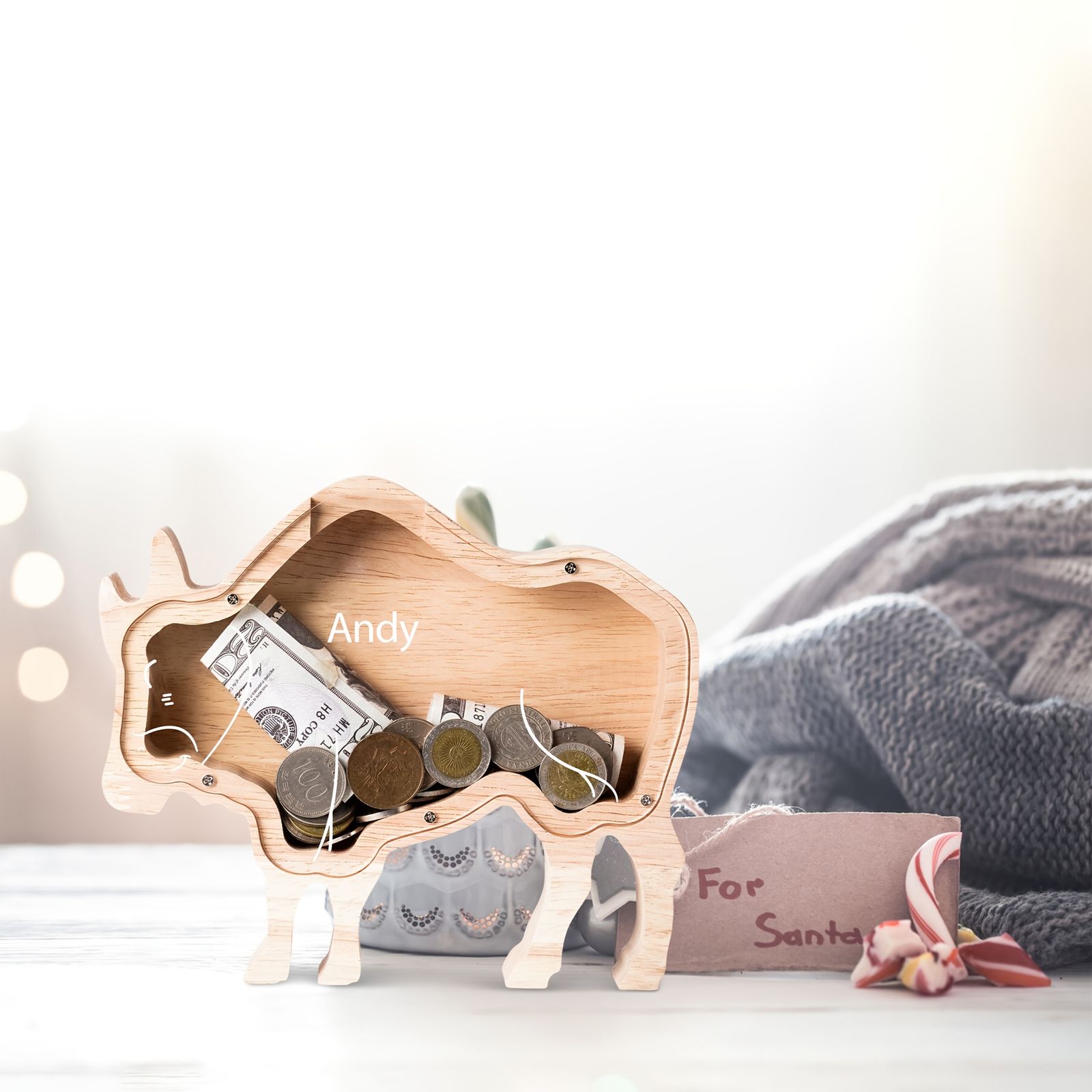 個人の「アンディ」名の木製貯金箱 - 耐久性のある牛の形状の