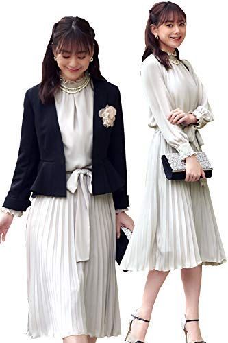 Size M_Color ブラック×グレージュ PGY ルイ ルエ ブティック プリーツ ワンピース アンサンブル スーツ レディース スーツ スカートスーツ フォーマル カジュアル ママ セレモニー 大きいサイズ 入園式 入学式 卒業式 卒園式 結婚式