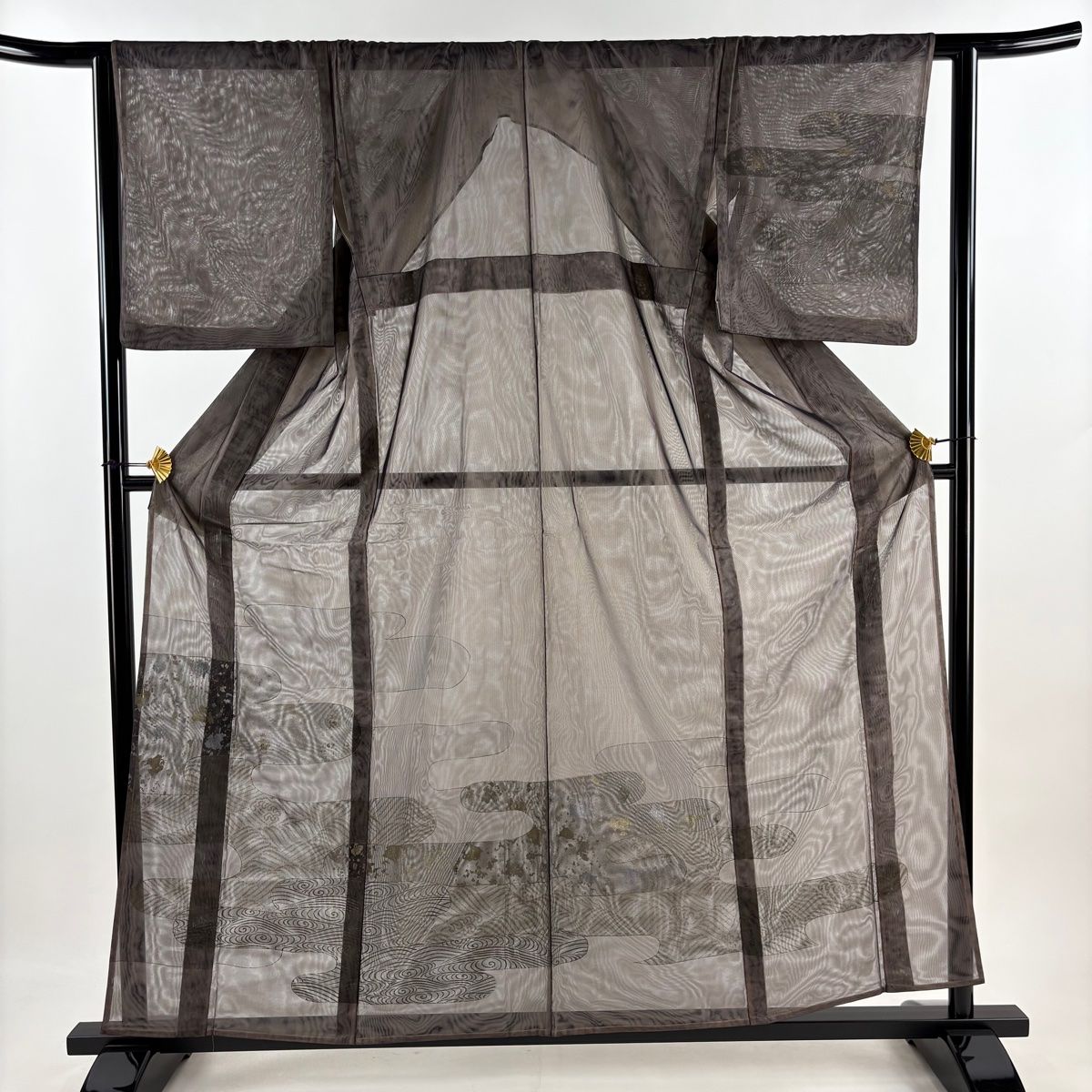 訪問着 身丈158.5cm 裄丈62.5cm S 紗袷 ヱ霞 波 金銀彩 茶色 正絹 名品