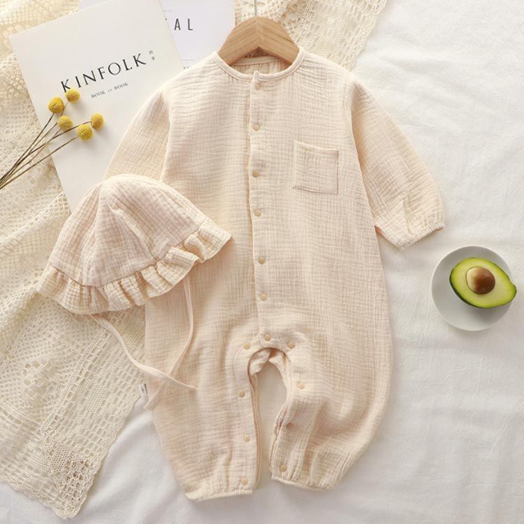 ロンパース 帽子付き 2点セット ベビー ダブルガーゼ ロンパース 長袖 コットン 綿 ベビー服 男の子 女の子 前開き カバーオール 赤ちゃん 新生児服 子供服 66 70 80 90 100 出産 sam1181