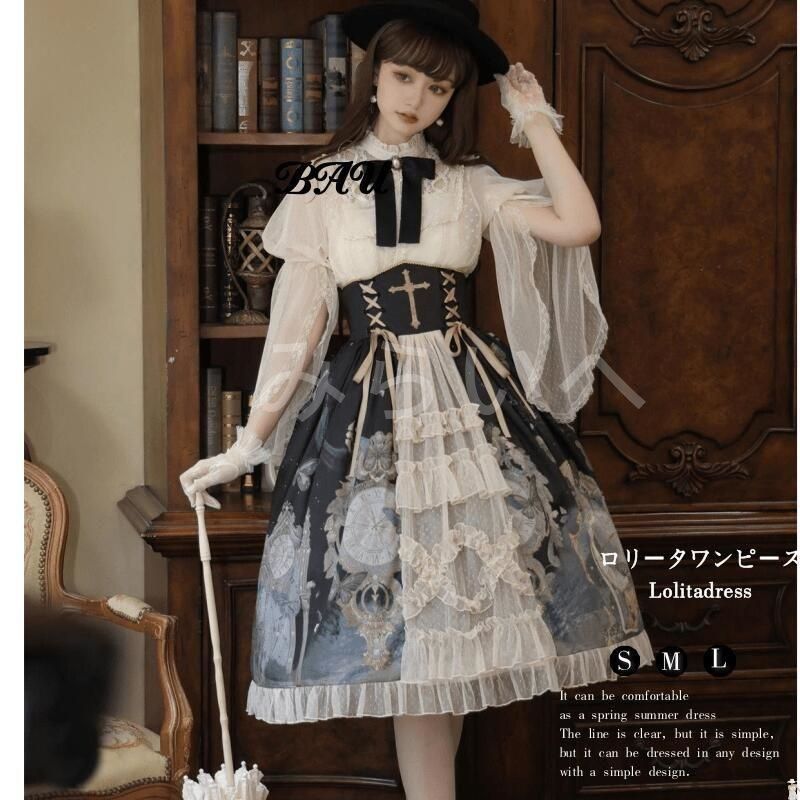 ロリータ ロリィタ ワンピース 十字架 柄物 ロリータファッション ロリィタファッション 半袖 クラシカル ゴシック 大人 ふわふわ レース