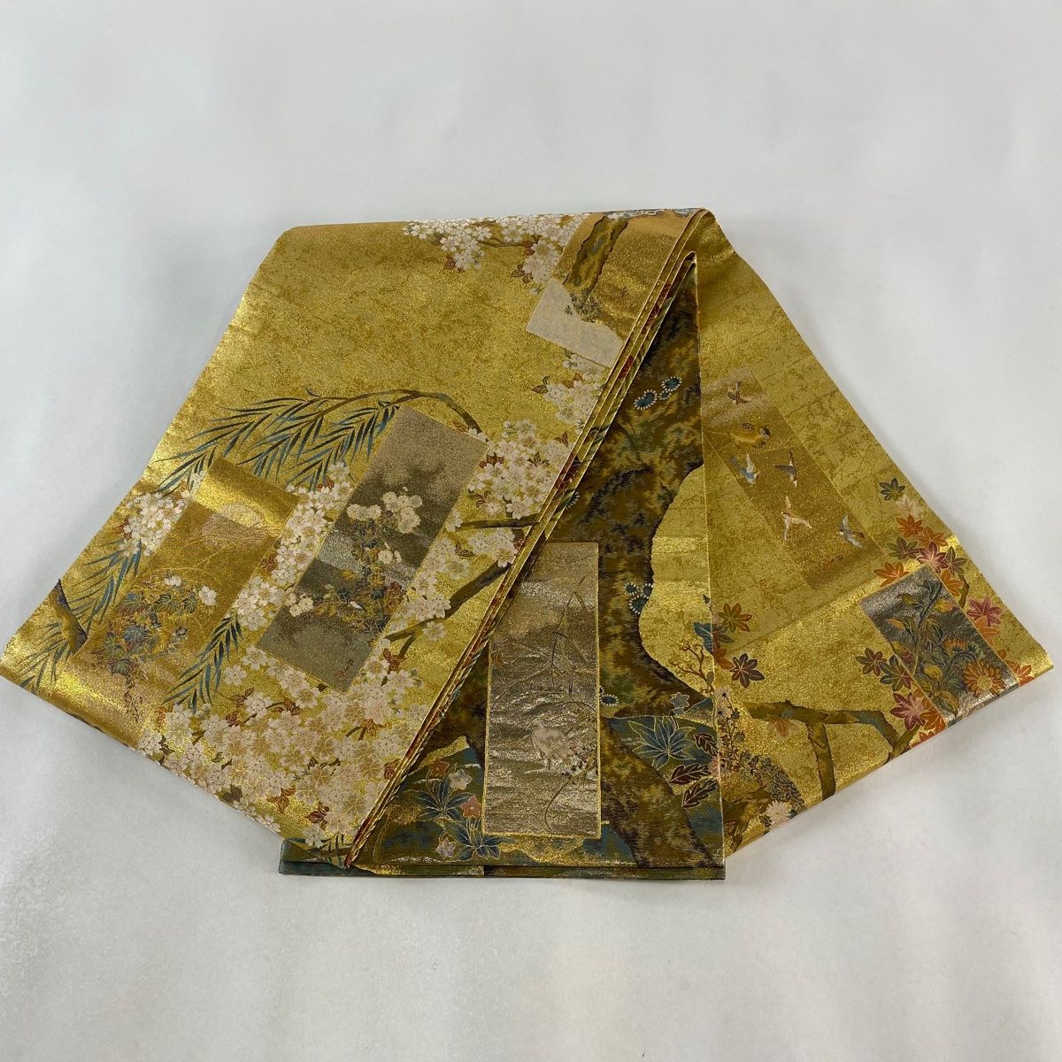 丸帯 美品 逸品 抱一 桜図屏風 十二ヶ月花鳥図 金色 全通 正絹