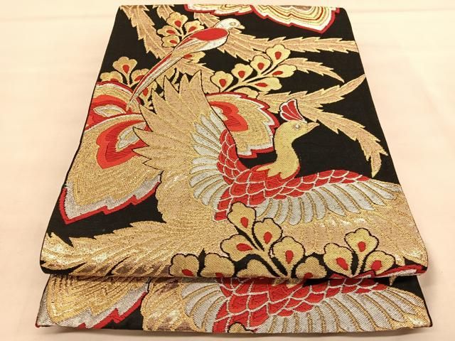 平和屋着物◎六通柄袋帯 鳳凰桐文 黒地 金銀糸 正絹 逸品