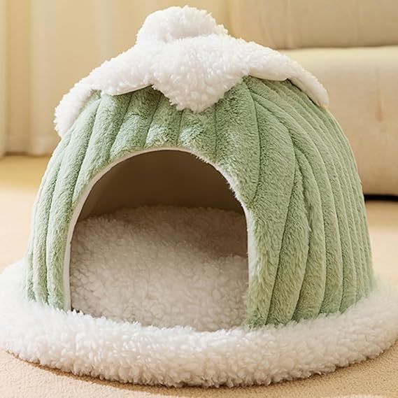 【在庫処分】[JUI3N] ペットベッド 猫ベッド 猫ハウス グリーン ドーム型 クッション 洗える ふわふわ 小型犬 滑り止め かわいい ペット用寝袋 M キャットハウス 暖かい 冬寒さ対策 猫犬小動物