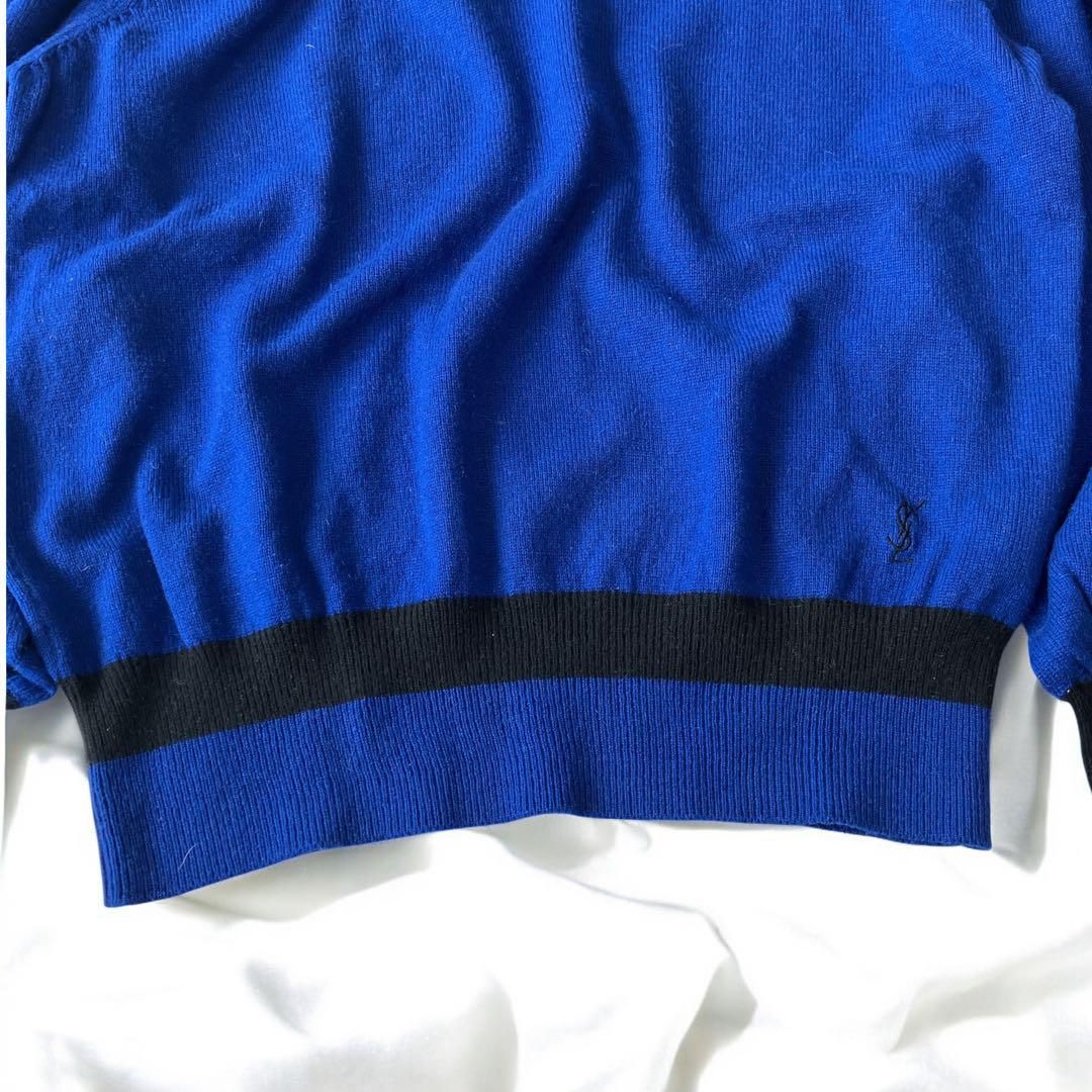 イヴサンローランカシミヤ100％ 長袖 セーター レディース 青 ロゴ 刺繍