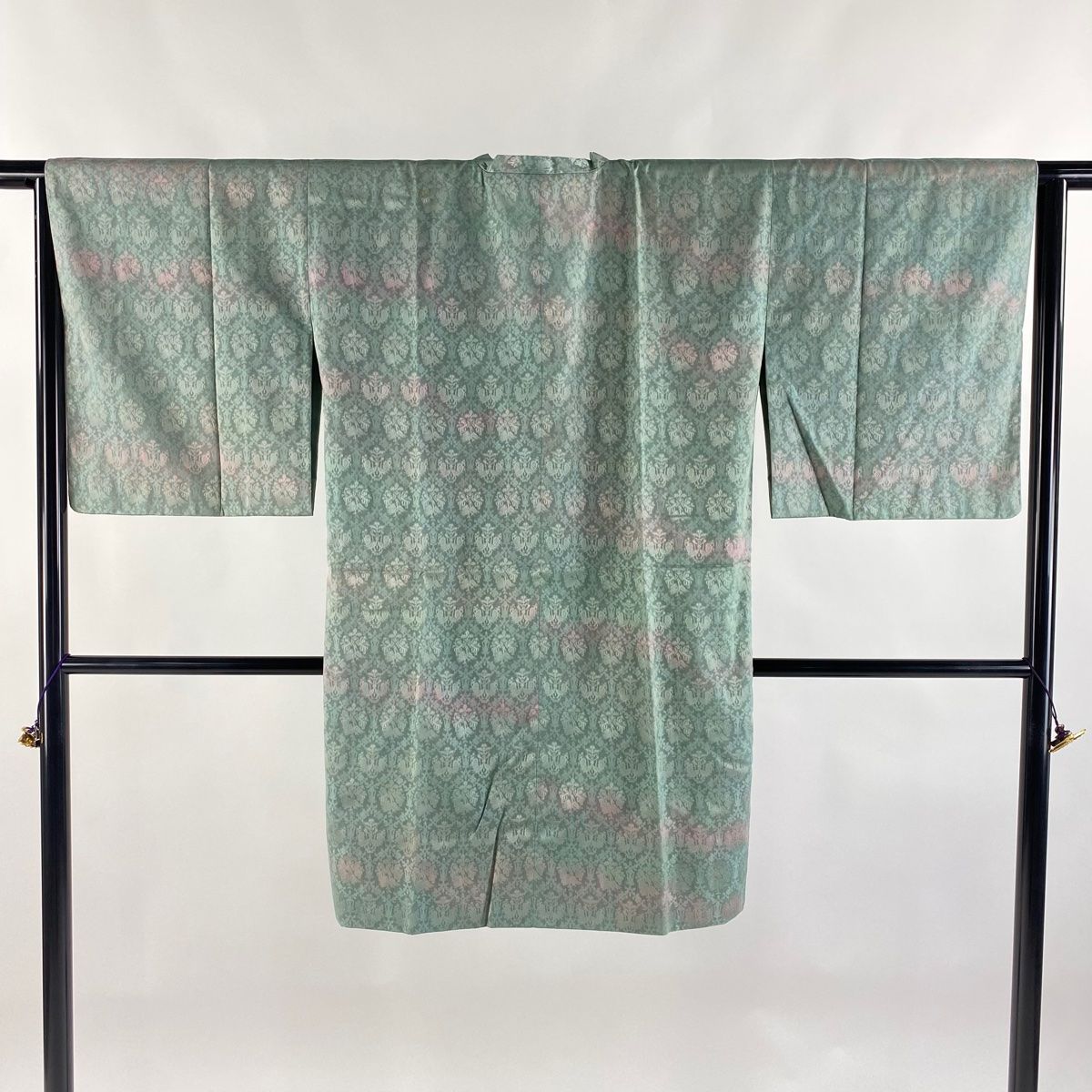 道行 身丈101cm 裄丈65cm M 袷 和装コート 角衿 リバーシブル 鳥 動物 ぼかし 薄緑 正絹 名品