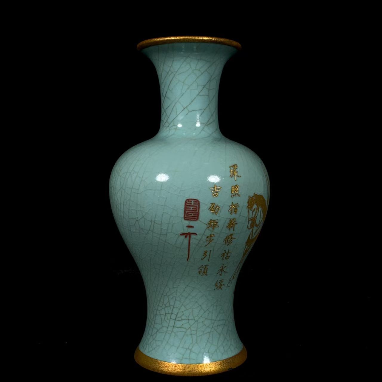 中国時代物.宋汝窯.包口銘文刻武将人物紋観音瓶.文房置物.賞物