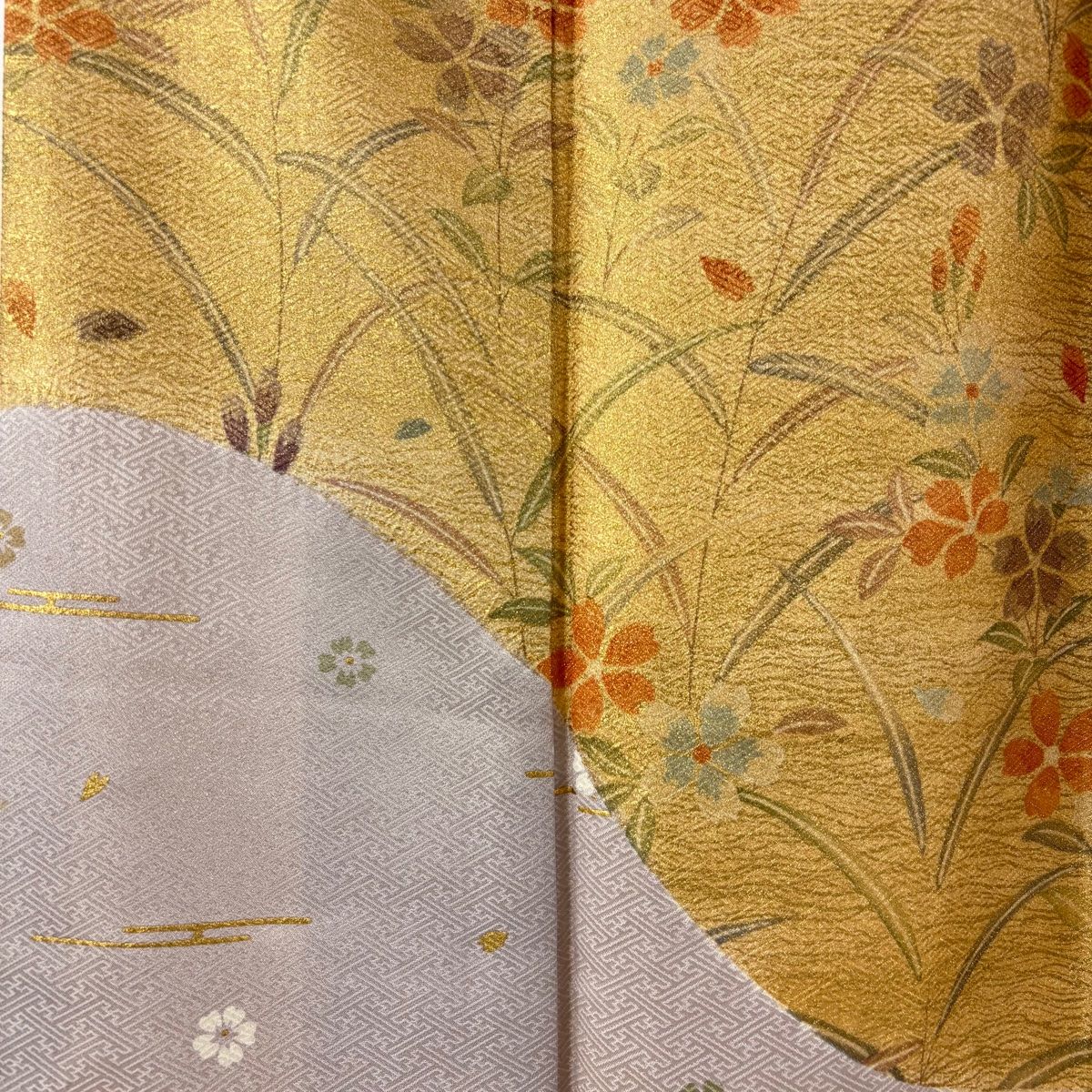 訪問着 身丈157cm 裄丈64cm M 袷 落款 草花 蝶 染め分け 灰紫 正絹