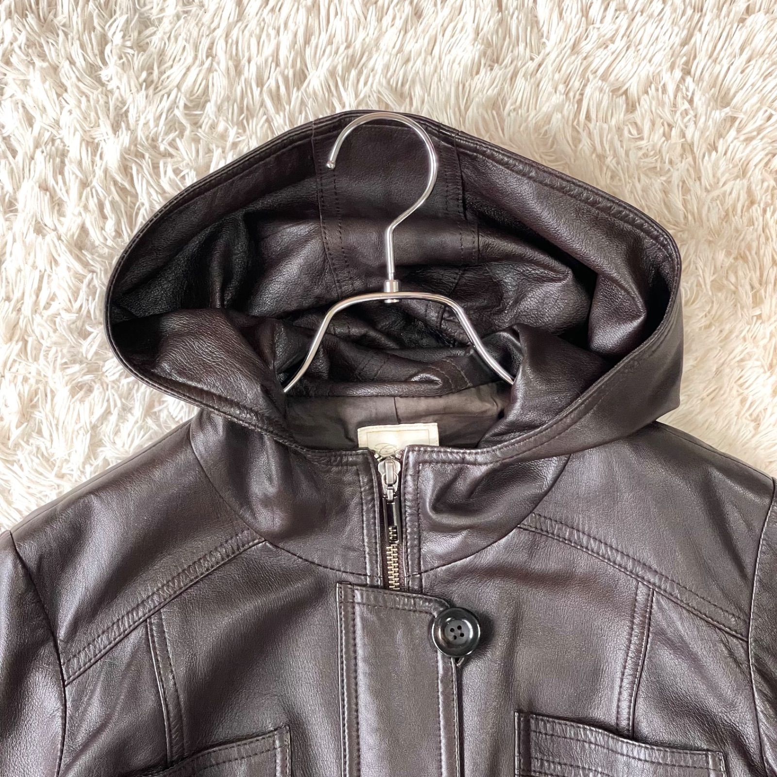 Cara カーラ ラムレザー 羊革 ロングコート フード ダブルジップ ダークブラウン 濃茶 大きめサイズ XL ディノス