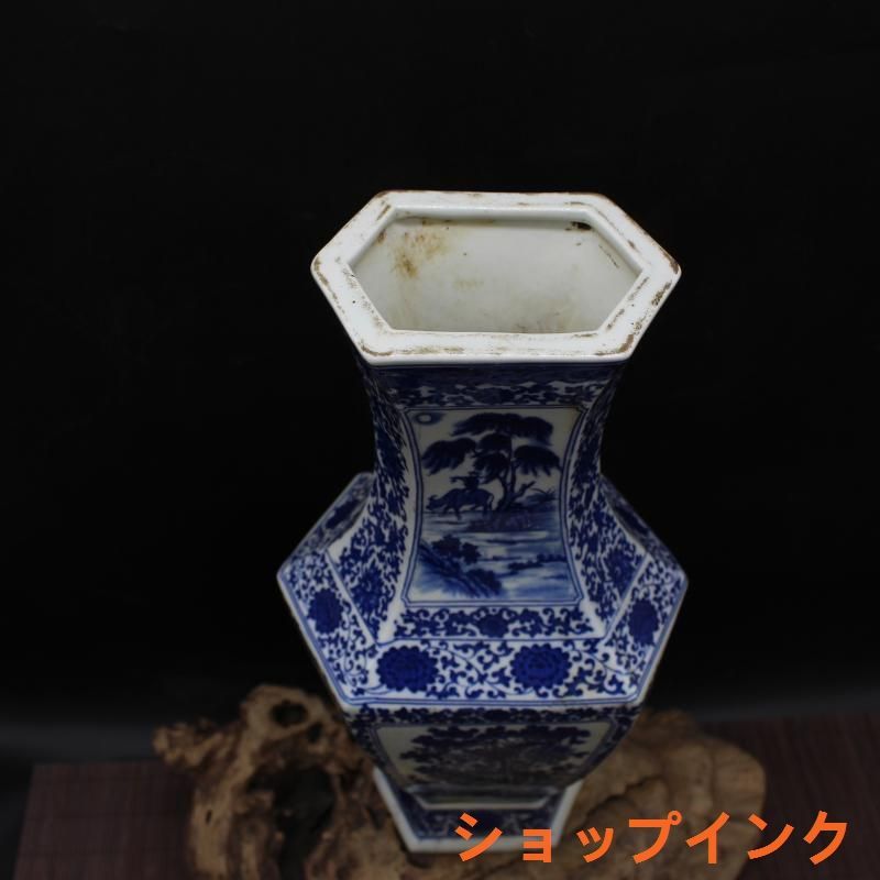 清乾隆青花人物花鳥六方賞瓶 景徳鎮 陶磁器 装飾品 現代工芸品 美術品 置物 清乾隆青花人物花鳥六方賞瓶 景徳鎮 陶磁器 装飾品 現代工芸