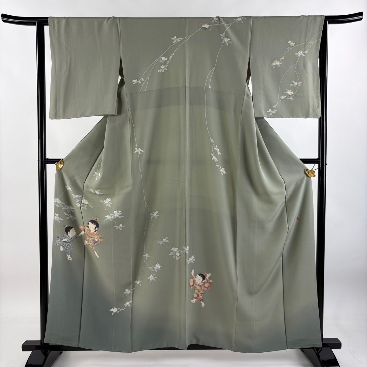 訪問着 身丈158.5cm 裄丈63.5cm S 袷 関口遼一 落款 童 枝花 ぼかし 灰緑 正絹 秀品