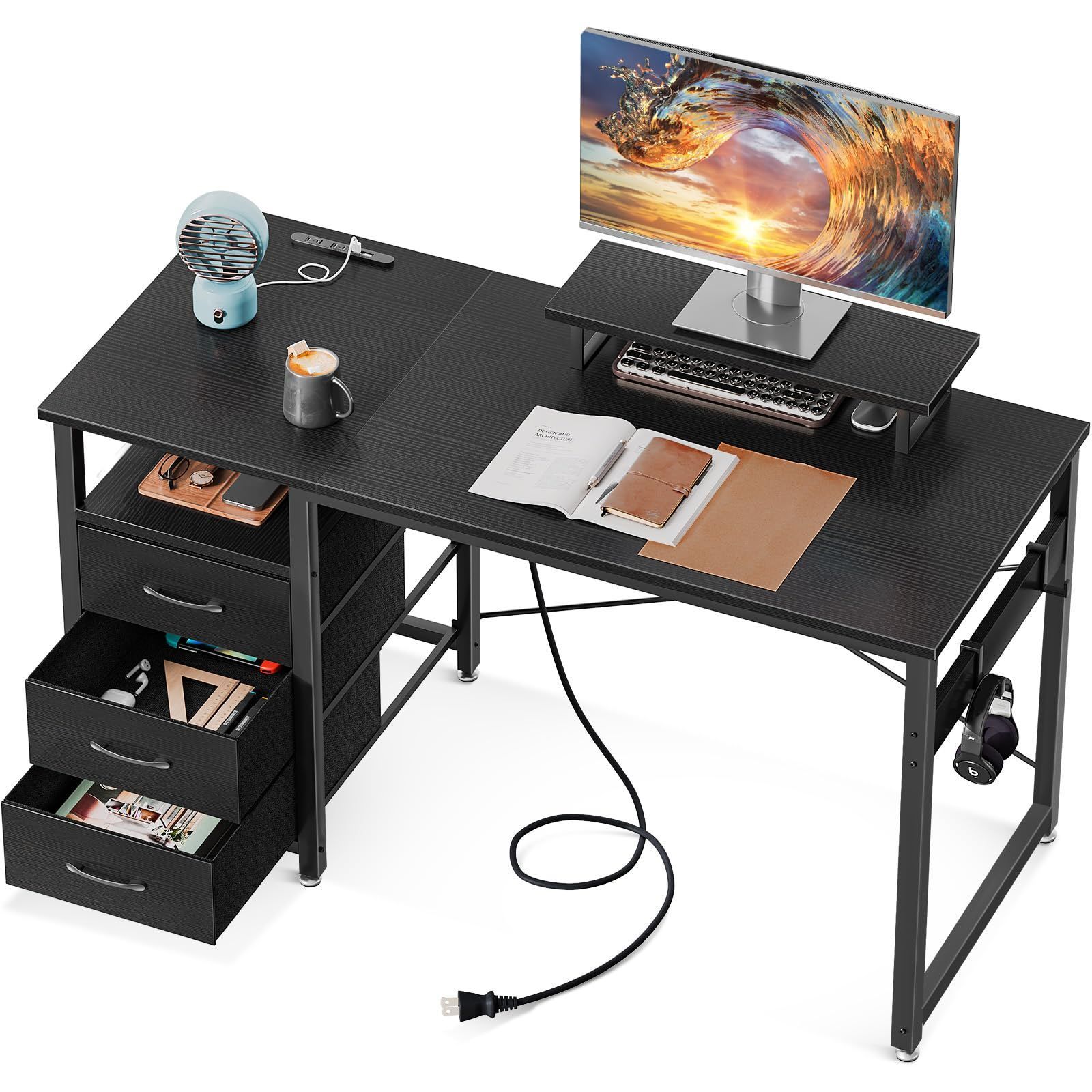 【数量限定】 desk 子 モニター台付き 勉強机 ワークデスク コンセント付き 幅120cm オフィスデスク パソコンデスク 長机 ゲーミングデスク 引き出し3杯付き おしゃれ pcデスク 左右入れ替え可