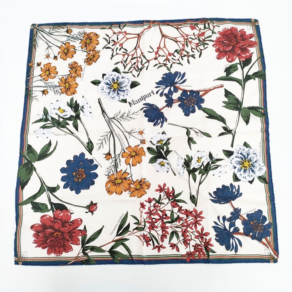 美品　manipuri マニプリ　スカーフ　シルク100% ボタニカル＆ボトル柄 美品 manipuri マニプリ スカーフ シルク100% ボタニカル