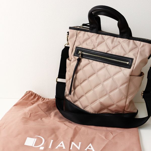 美品 DIANA ダイアナ レザー X ナイロン キルティングポケット トート