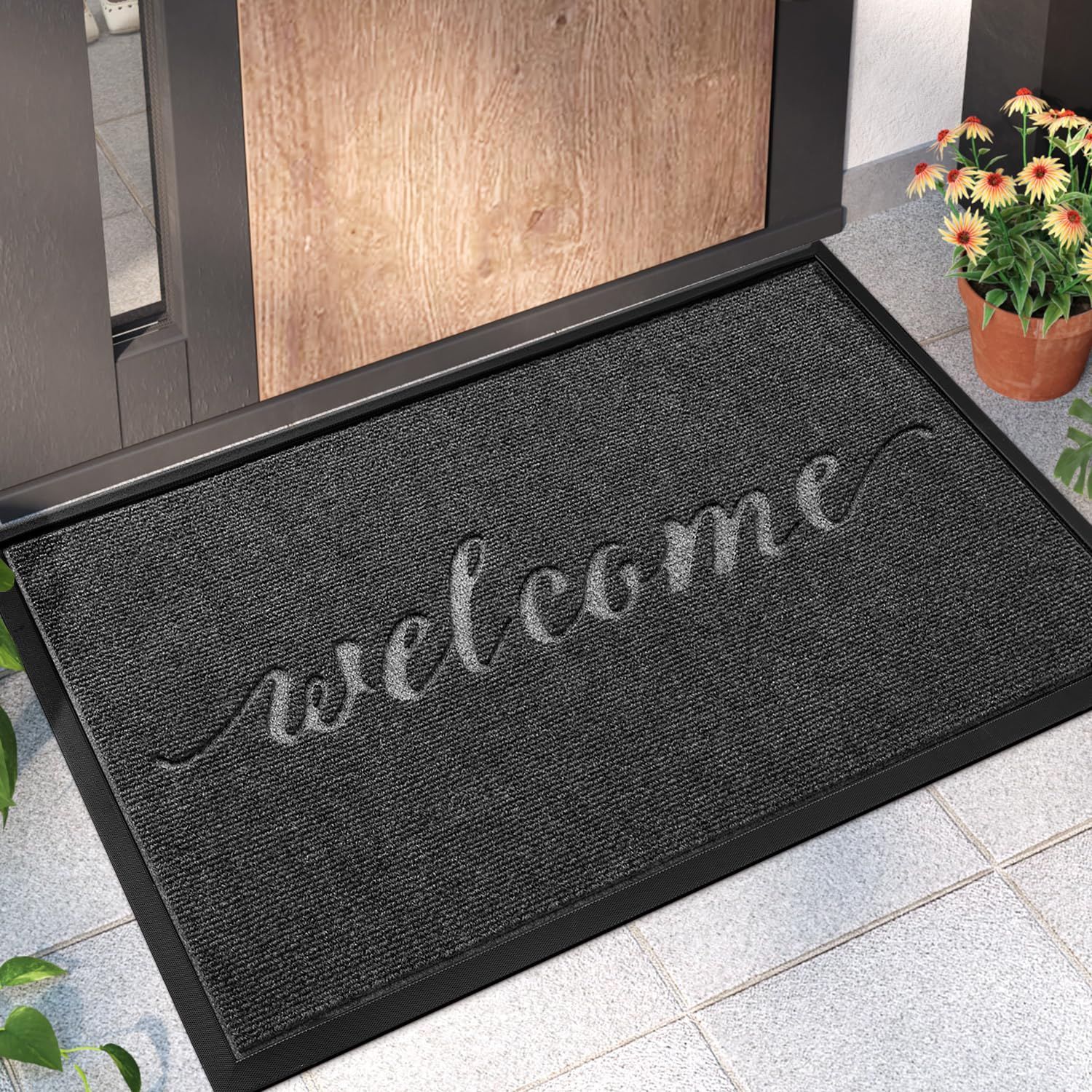 【売切注意！お急ぎ下さい】吸水 泥落とし 滑り止め WELCOME 耐久性 おしゃれ 迎え ラバー 室内 エントランス お店 屋外用 家庭用 玄関マット 業務用 45ｘ75cm DEXI グレー