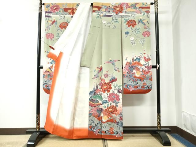 平和屋着物●豪華振袖　型染め　鳳凰浜松鶴風景文　暈し染め　正絹　逸品　CAAW8010yc 平和屋着物○豪華振袖 型染め 鳳凰浜松鶴風景文 暈し染め 正絹 逸品