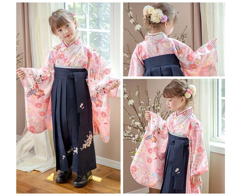 キャサリンコテージ刺繍入り袴3点セット いにしえ華車桃x紺袴 160 肌襦袢付 HAKAST18-C4】着付け簡単袴セット 刺繍入り 京都絵師描き下ろし