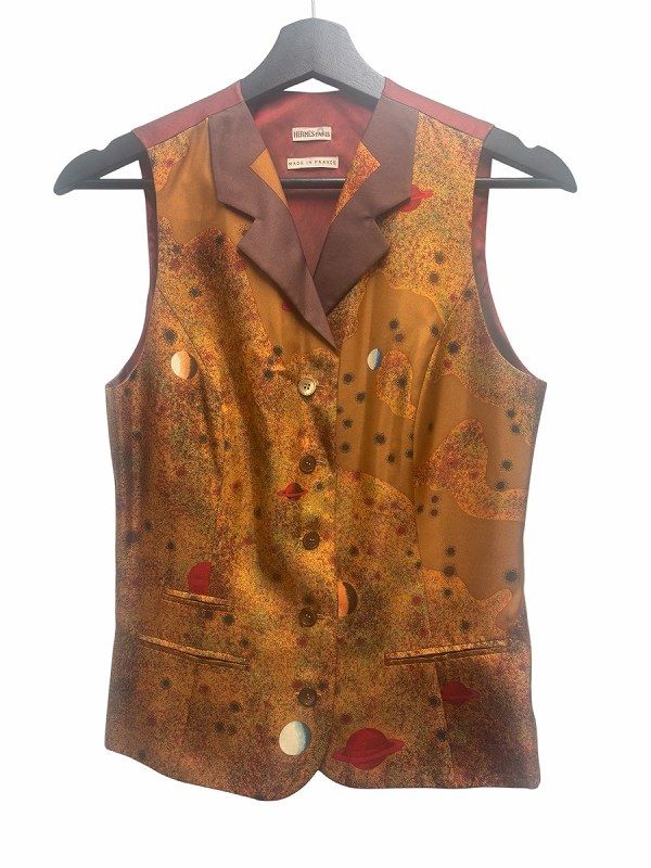 エルメス HERMES ベスト ジレ 絹 シルク 総柄 36 茶 ブラウン ☆AA
