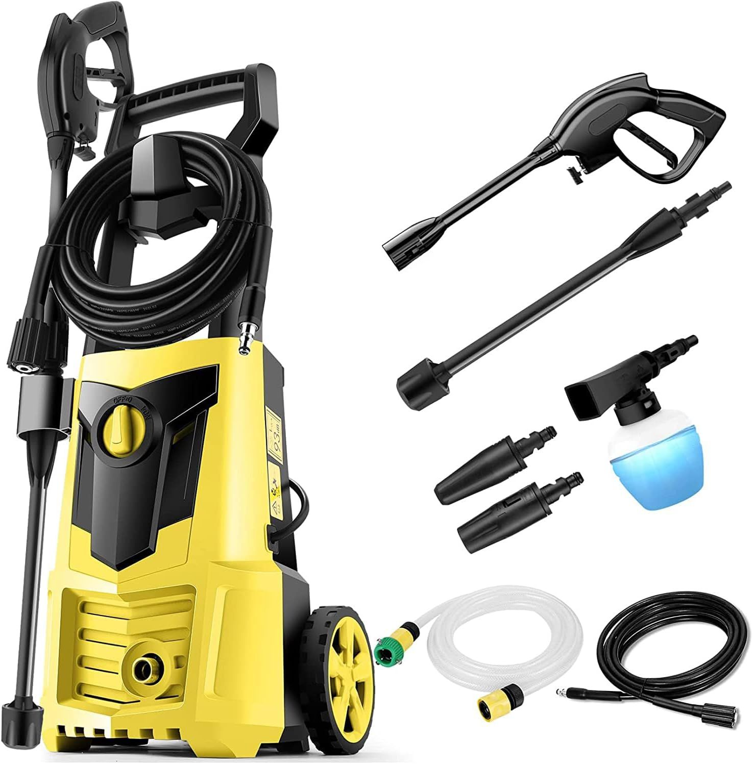 Suyncll 高圧洗浄機 1500W 最大吐出圧力14MPa 50Hz/60Hz東西日本兼用 水道直結・自吸両用 家庭用高圧クリーナー 高圧ホース10m+水道ホース3m+電源コード5m 高圧・低圧切替可能 省エネ 二重絶縁 IPX5防