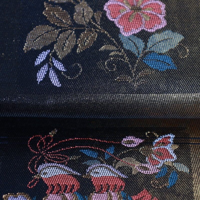 名古屋帯 美品 優品 八寸名古屋帯 松葉仕立て 葉 銀糸 赤紫 正絹 【中古】