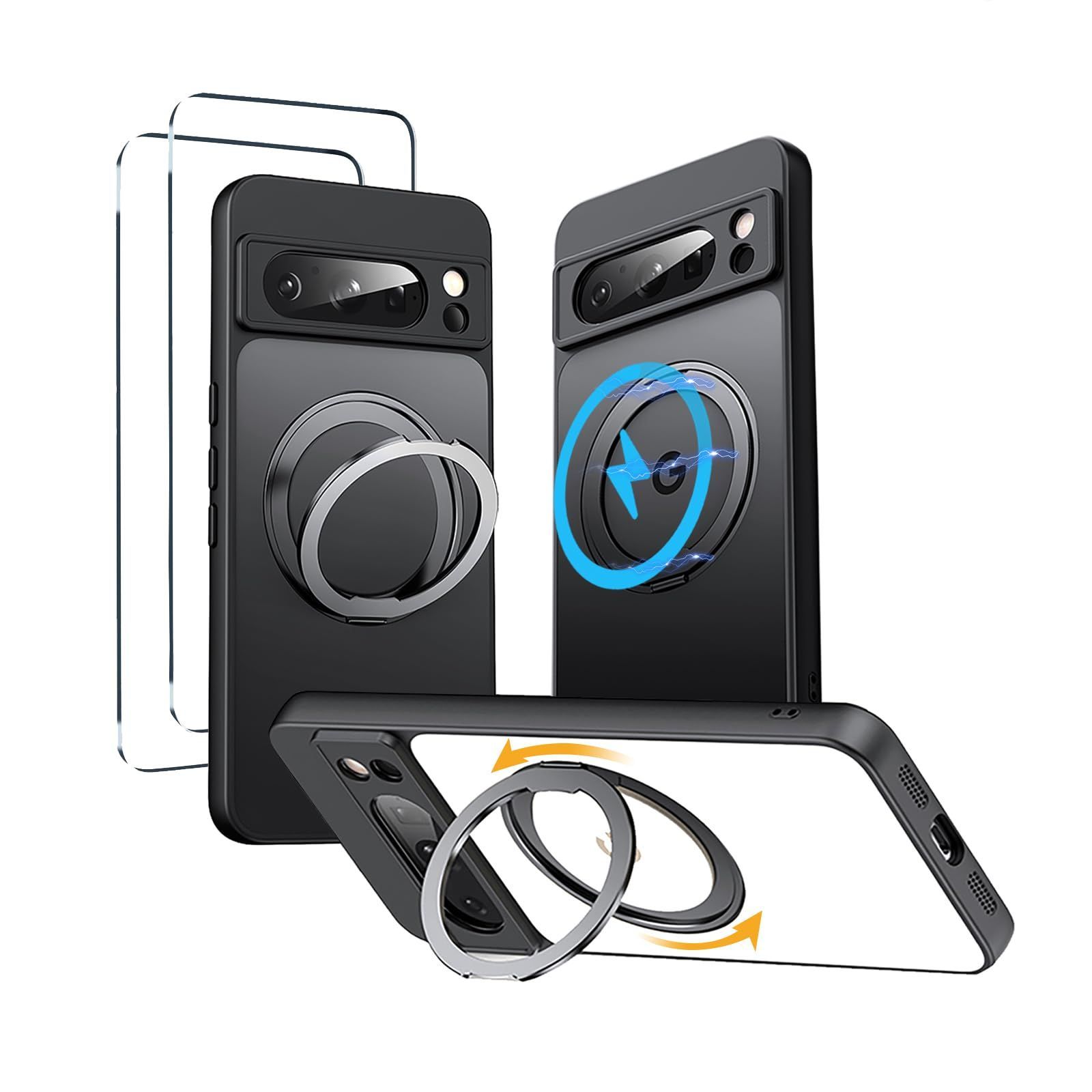 【激安大特価，格安】 【人気商品】回転 360度 縦横両対応 ホルダー リング ワイヤレス充電対応 多機能 MagSafe対応 ケース ケース 9プロ / / 9 9 ブラック 9 ピクセル グーグル スタンド付き Pro Pixel Google 【ケース+スタ その他