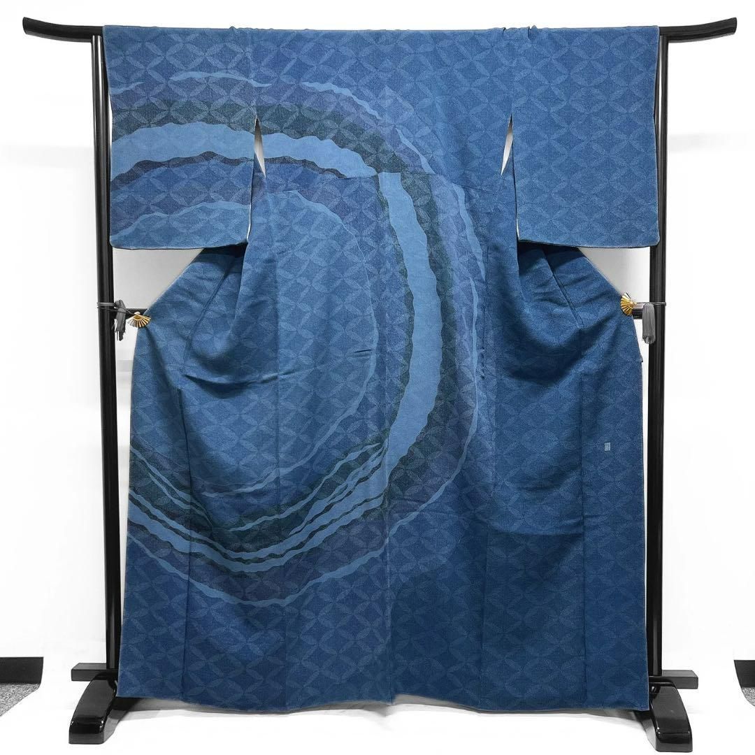 作家もの　付け下げ　七宝　藍染　円弧　よろけ模様　ちりめん着物　012a d 付け下げ 作家 作家もの 付け下げ 七宝 藍染 円弧 よろけ模様