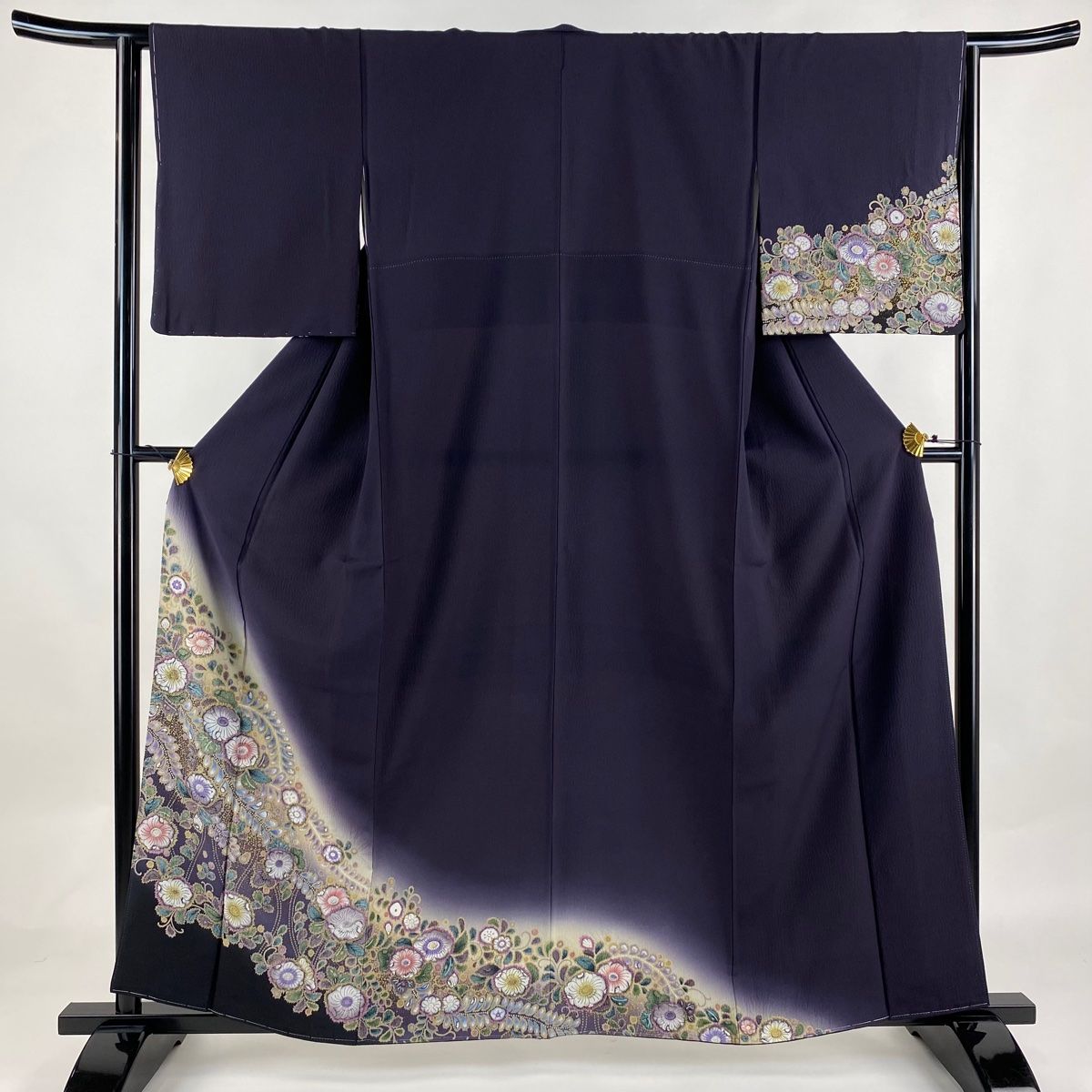 訪問着 身丈160cm 裄丈63cm S 袷 草花 金彩 ぼかし 濃紫 正絹 名品