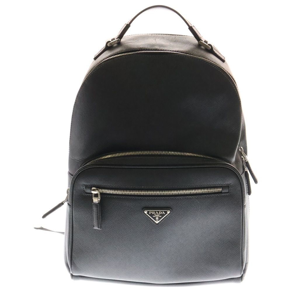 プラダ リュック 三角ロゴプレート サフィアーノレザー ナイロン 黒 外ポケット PRADA (プラダ) 三角ロゴプレート サフィアーノレザーバッグ