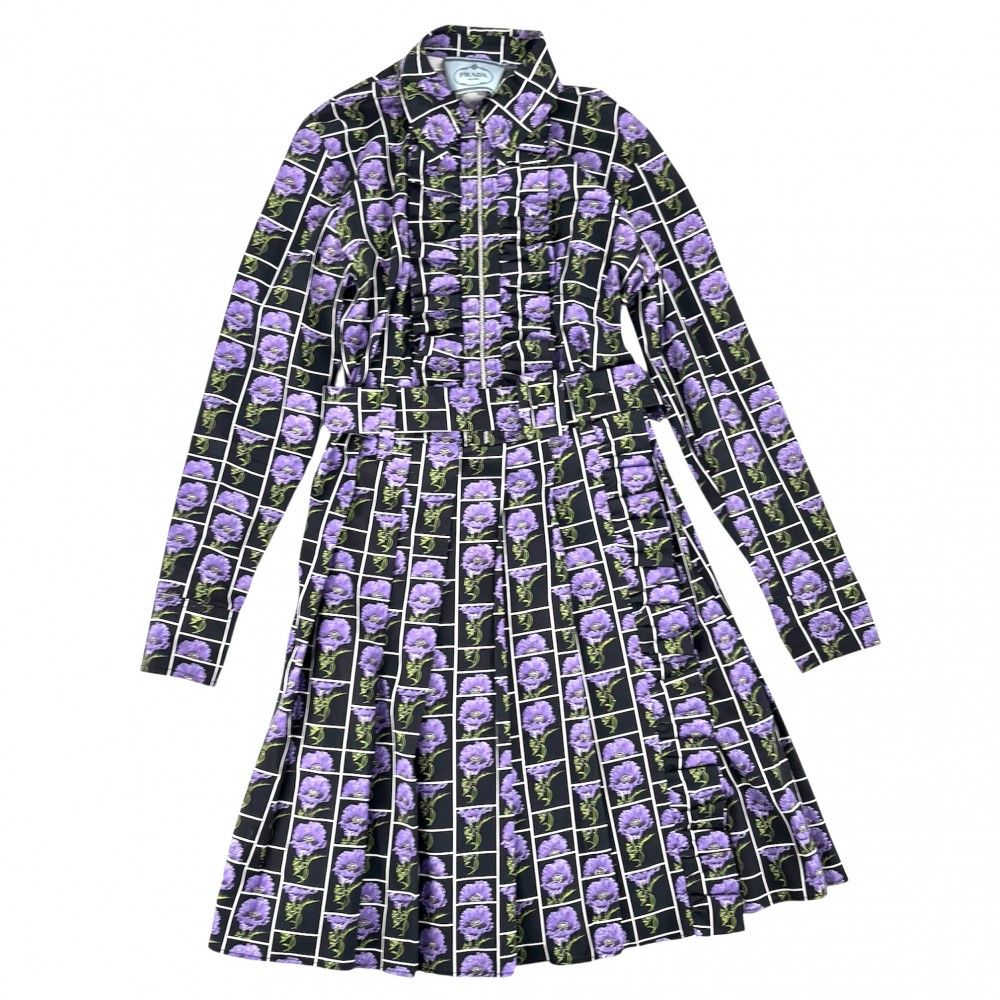 プラダ ワンピース レディース フラワー フロントジッププリーツワンピース アパレル 服 ロングワンピース 花柄 フリル 長袖 ベルト付き PRADA 40 P37Q4 ブラック 黒 パープル 紫 コットン エラスタン 春 秋