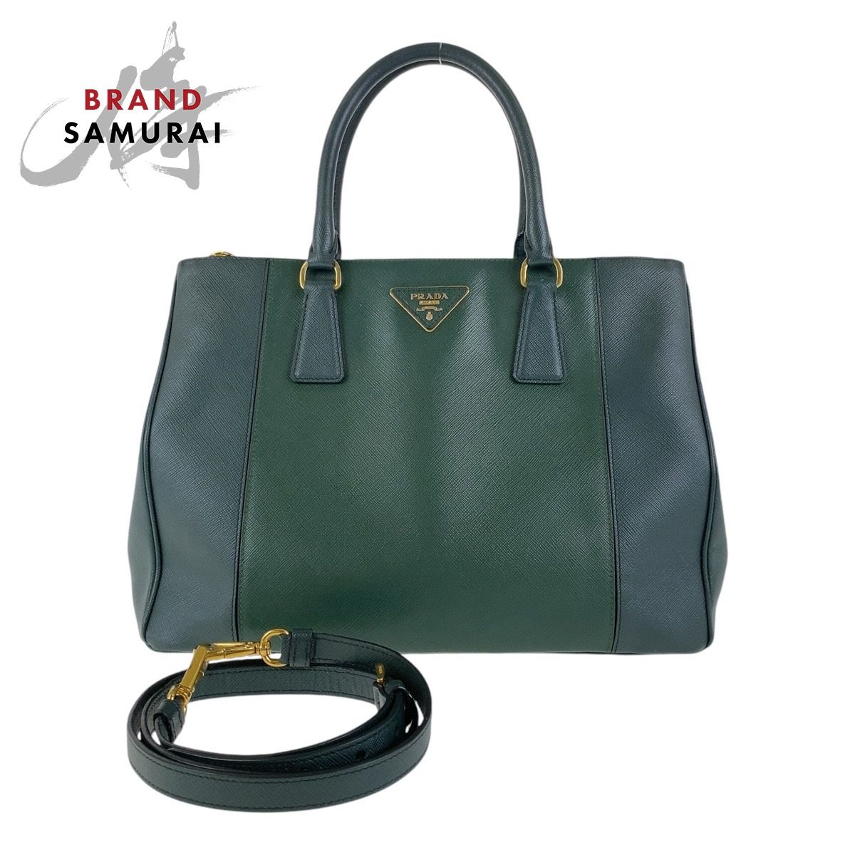 美品 PRADA プラダ サフィアーノ 三角ロゴプレート グリーン レザー トートバッグ ハンドバッグ ショルダーバッグ 2way