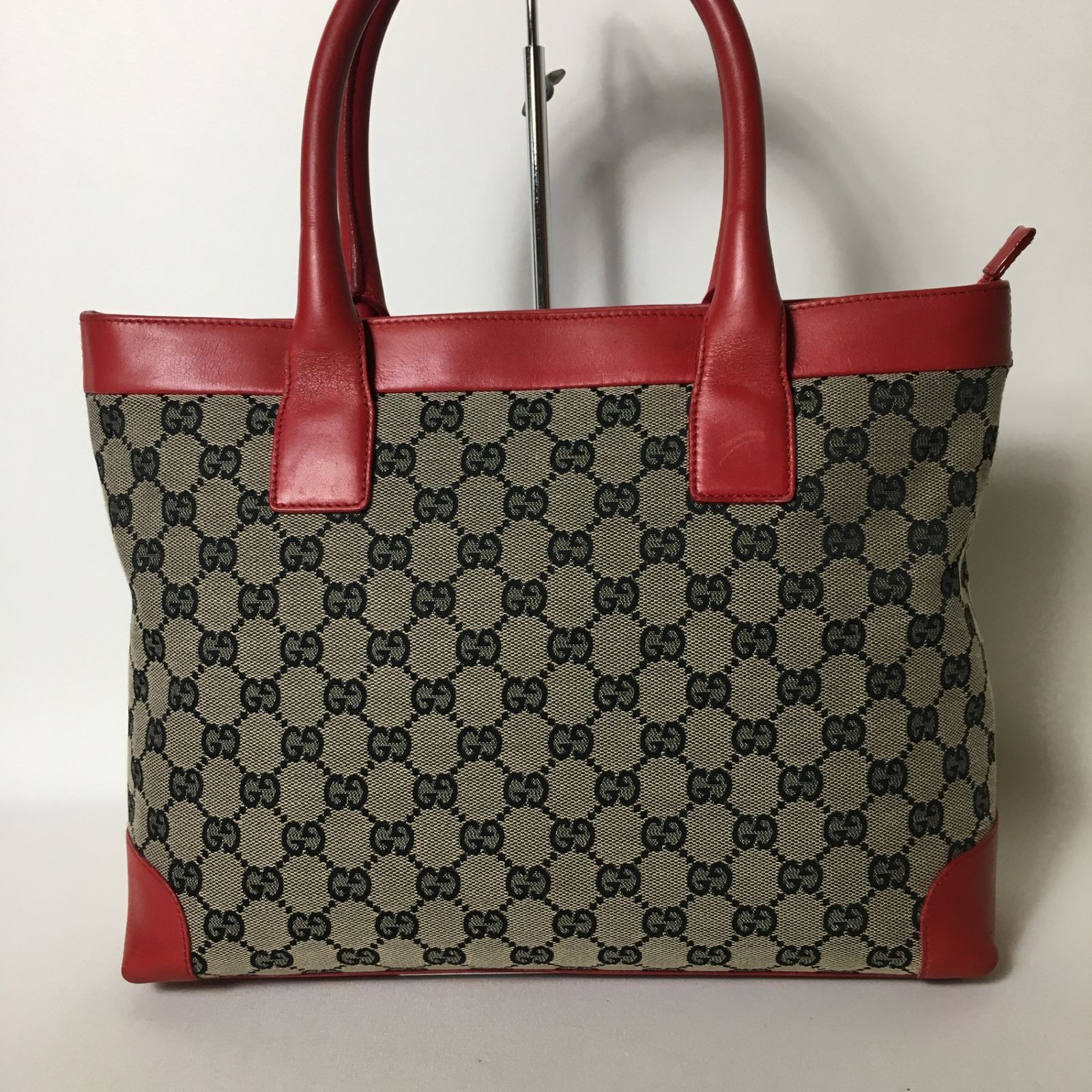極美品✨グッチ ハンドバッグ GG キャンバス レザー レッド 保存袋付き GUCCI グッチ トートバッグ GGキャンバス レザー レッド グレー